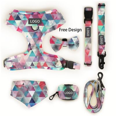 ผู้ออกแบบตามสั่ง สุนัขโลโก้ หรูหรา Soft Padded Reversible Dog Harness Vest และ Collar Leash Bow Bandana Pet Harness Sets ผ้าพันคอและผ้าพันคอ